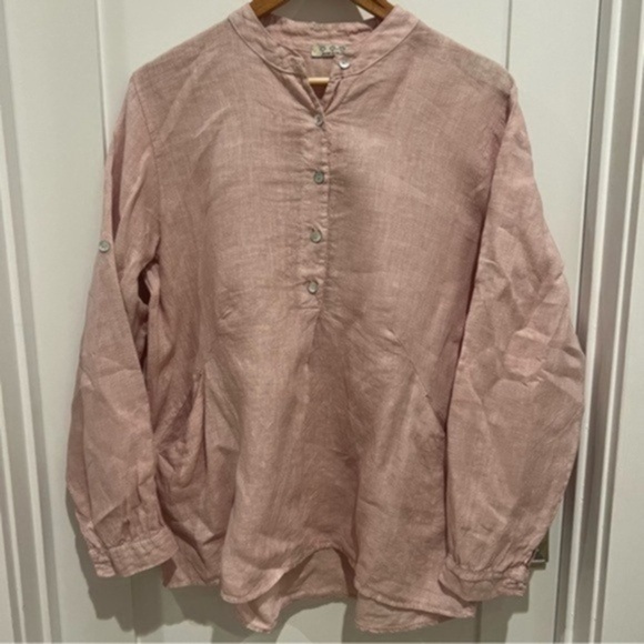 Linen soft pink shirt with front pockets size L made in Italy 100% linen boho K - Picture 1 of 5